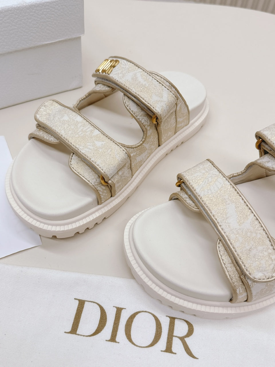 DIOR CLASSIC DOUBLE-STRAP SLIDES 25S IN WHITE MIX BEIGE FABRIC AND CALFSKIN - 35