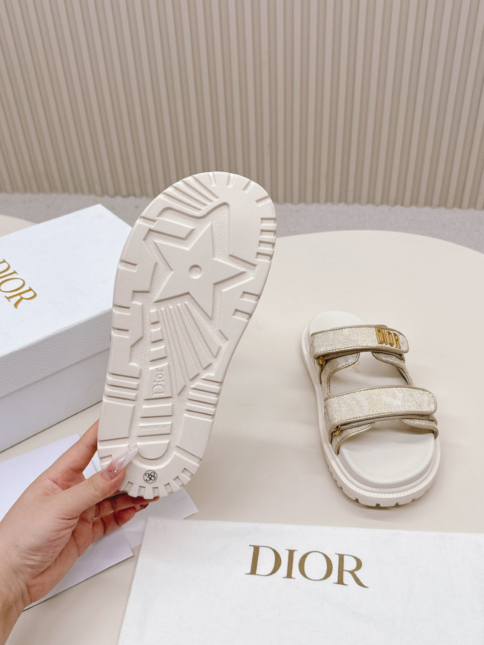 DIOR CLASSIC DOUBLE-STRAP SLIDES 25S IN WHITE MIX BEIGE FABRIC AND CALFSKIN - 35
