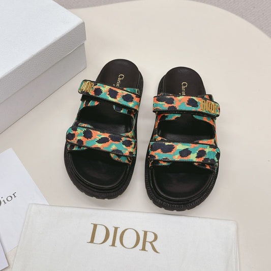 DIOR CLASSIC DOUBLE-STRAP SLIDES 25S IN MULTICOLOR FABRIC AND CALFSKIN - 35