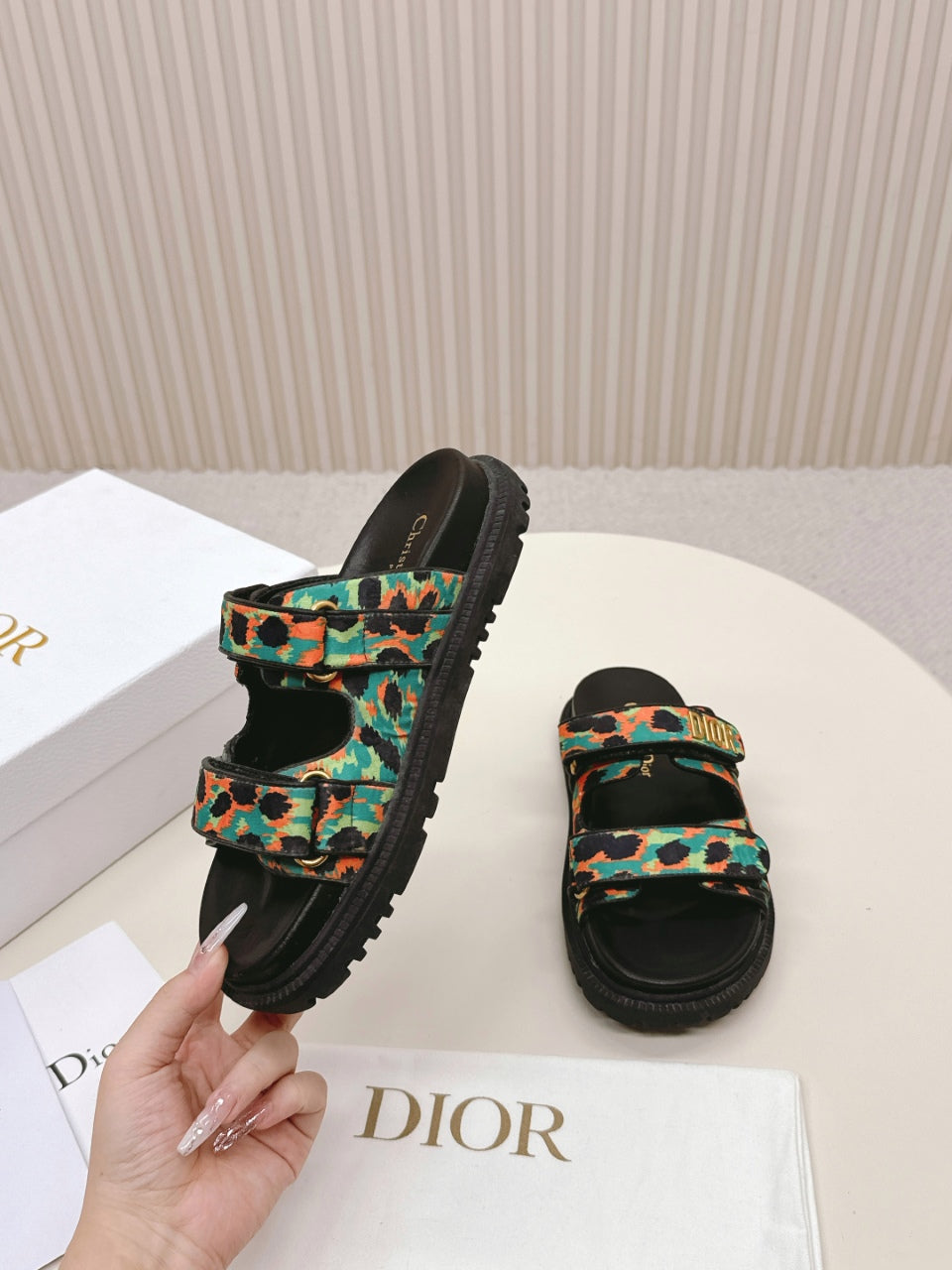 DIOR CLASSIC DOUBLE-STRAP SLIDES 25S IN MULTICOLOR FABRIC AND CALFSKIN - 35