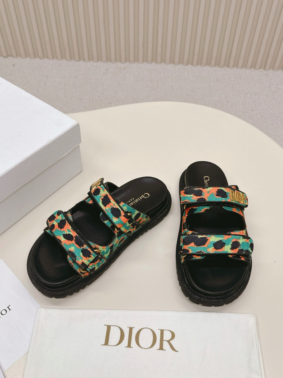 DIOR CLASSIC DOUBLE-STRAP SLIDES 25S IN MULTICOLOR FABRIC AND CALFSKIN - 35
