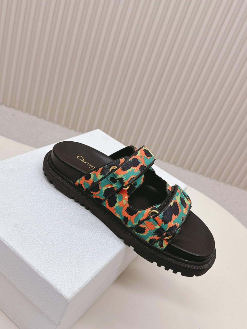 DIOR CLASSIC DOUBLE-STRAP SLIDES 25S IN MULTICOLOR FABRIC AND CALFSKIN - 35
