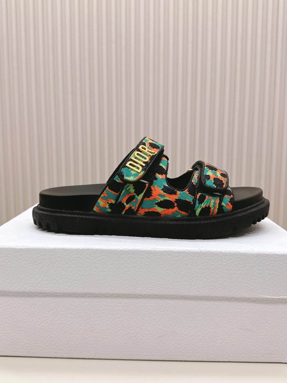 DIOR CLASSIC DOUBLE-STRAP SLIDES 25S IN MULTICOLOR FABRIC AND CALFSKIN - 35