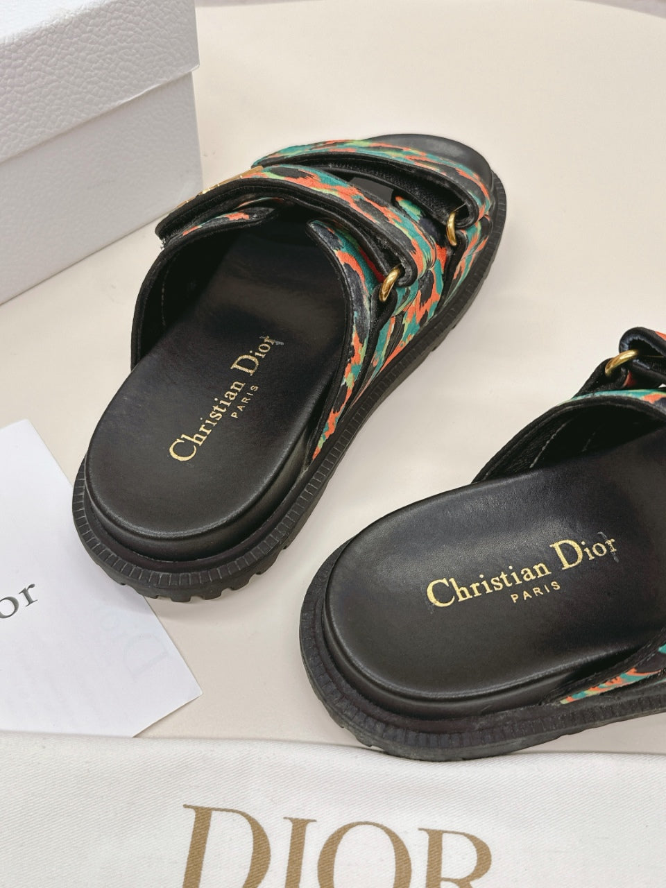 DIOR CLASSIC DOUBLE-STRAP SLIDES 25S IN MULTICOLOR FABRIC AND CALFSKIN - 35