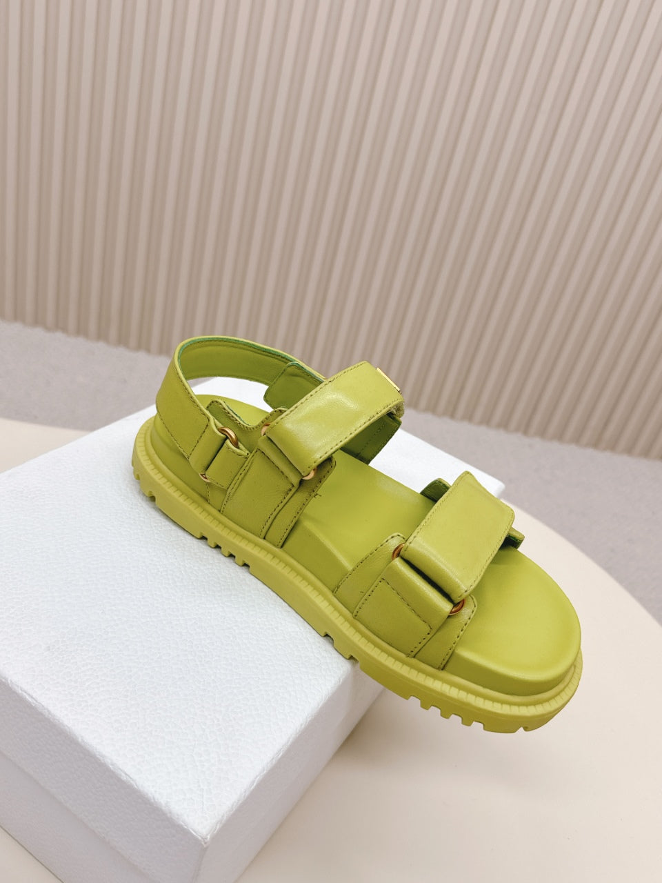 DIOR BACK-STRAP SANDALS 25S IN OLIVE YELLOW CALFSKIN WITH GOLD HARDWARE - 35