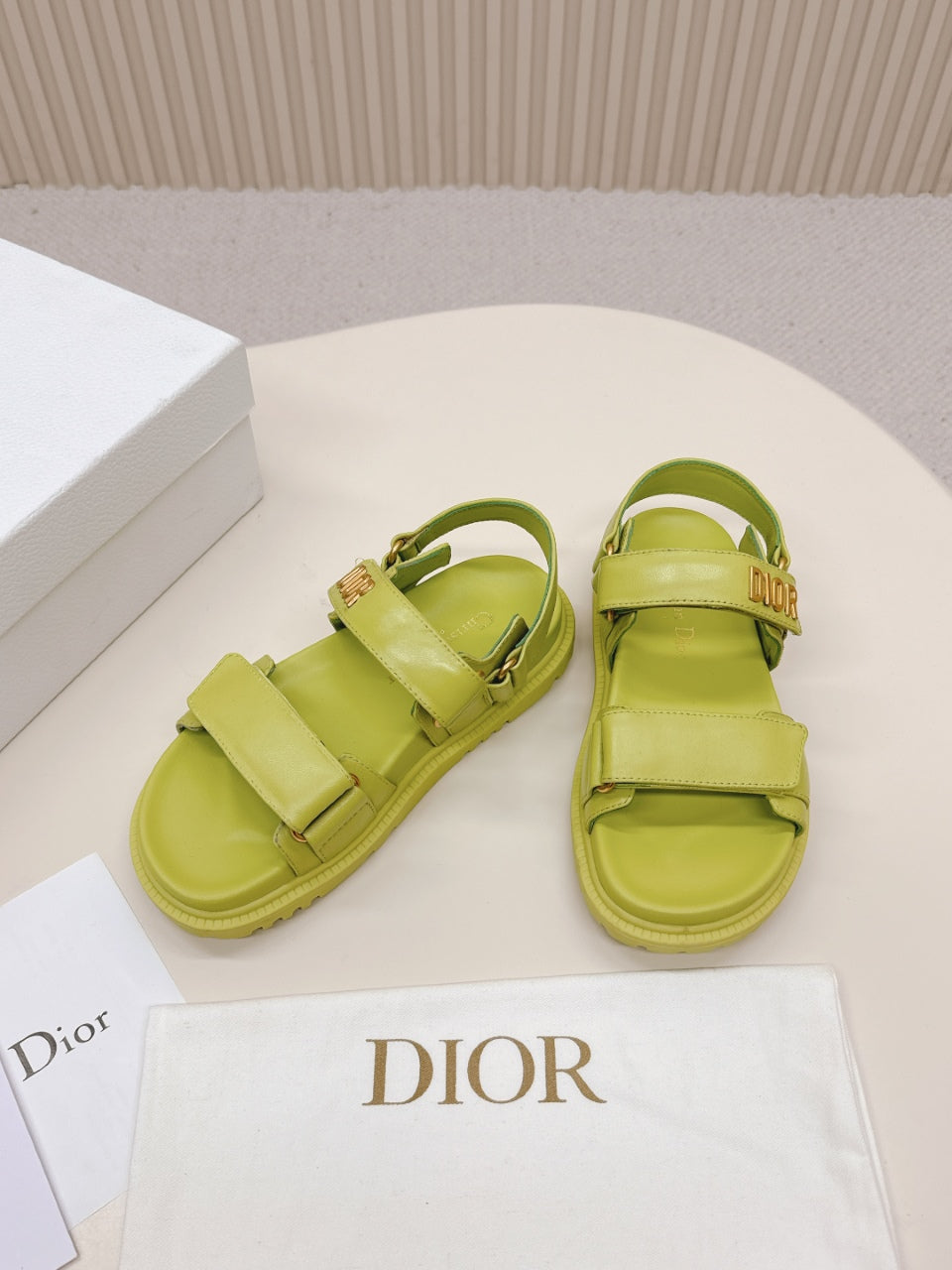 DIOR BACK-STRAP SANDALS 25S IN OLIVE YELLOW CALFSKIN WITH GOLD HARDWARE - 35