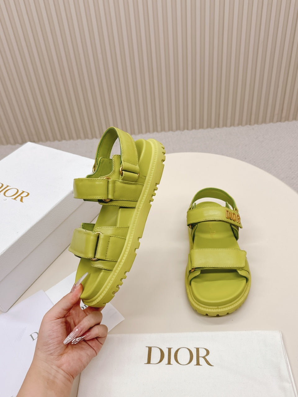 DIOR BACK-STRAP SANDALS 25S IN OLIVE YELLOW CALFSKIN WITH GOLD HARDWARE - 35