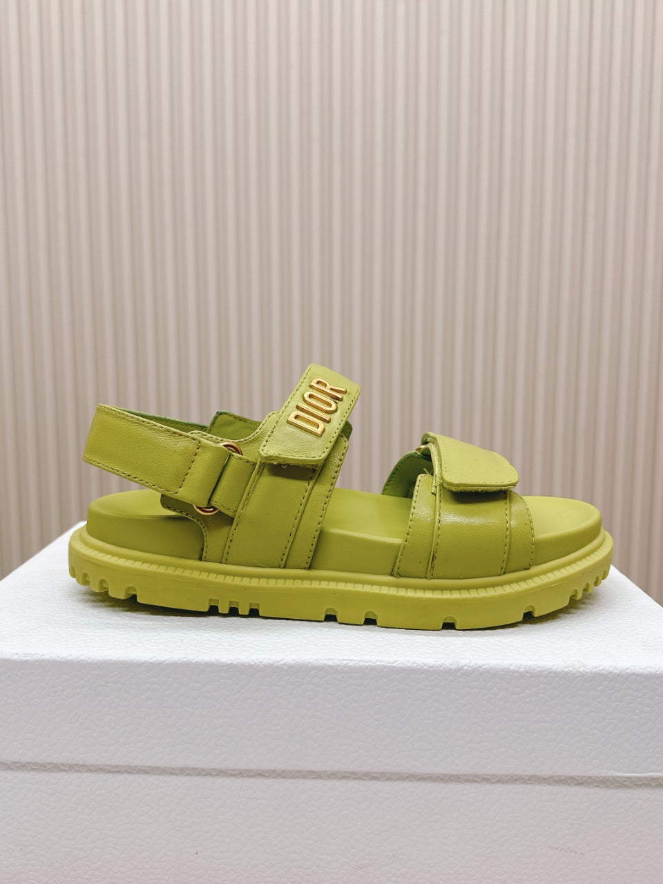 DIOR BACK-STRAP SANDALS 25S IN OLIVE YELLOW CALFSKIN WITH GOLD HARDWARE - 35