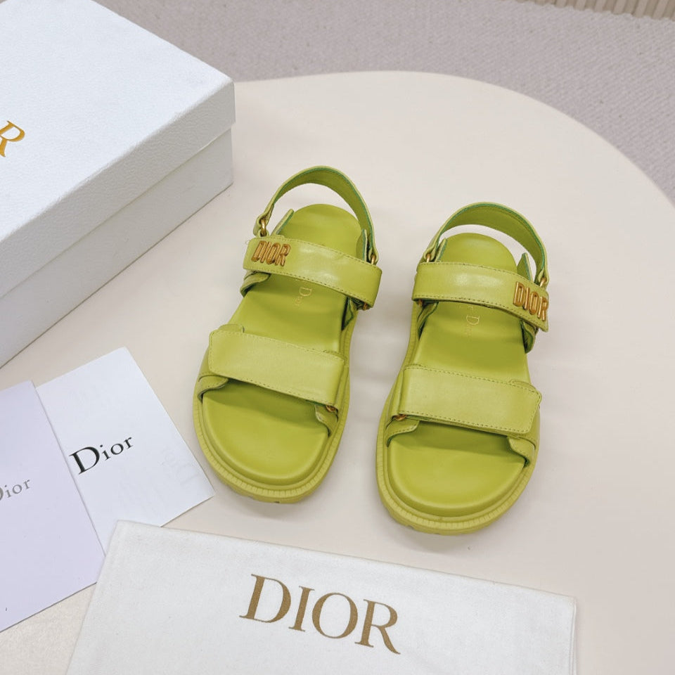 DIOR BACK-STRAP SANDALS 25S IN OLIVE YELLOW CALFSKIN WITH GOLD HARDWARE - 35