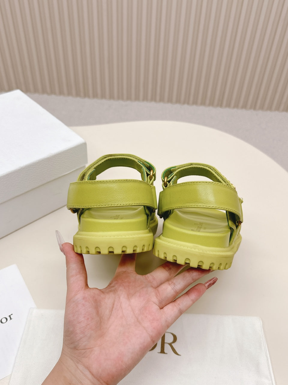 DIOR BACK-STRAP SANDALS 25S IN OLIVE YELLOW CALFSKIN WITH GOLD HARDWARE - 35