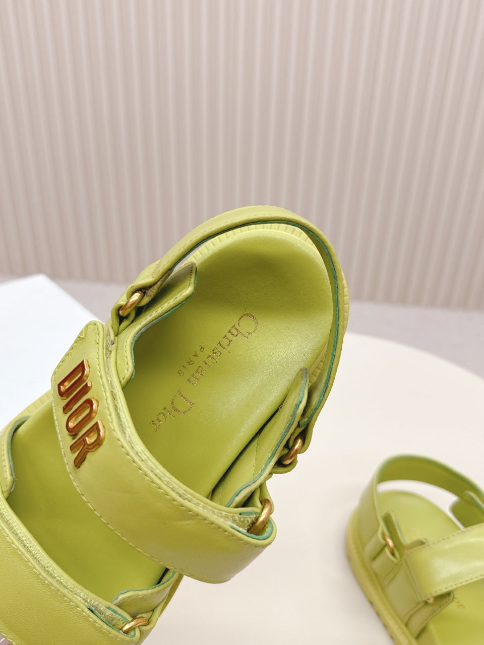 DIOR BACK-STRAP SANDALS 25S IN OLIVE YELLOW CALFSKIN WITH GOLD HARDWARE - 35