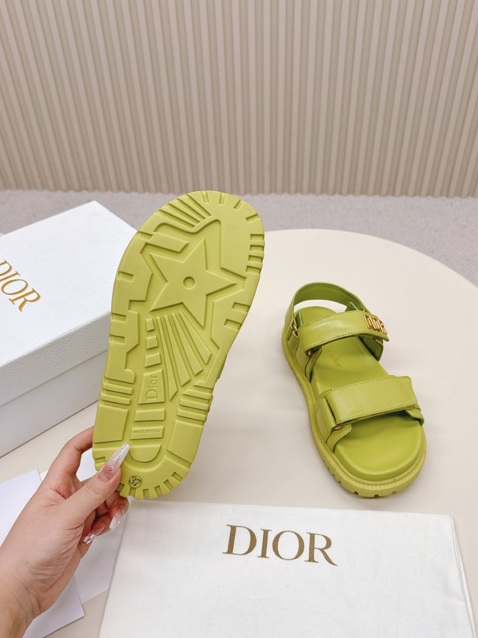 DIOR BACK-STRAP SANDALS 25S IN OLIVE YELLOW CALFSKIN WITH GOLD HARDWARE - 35