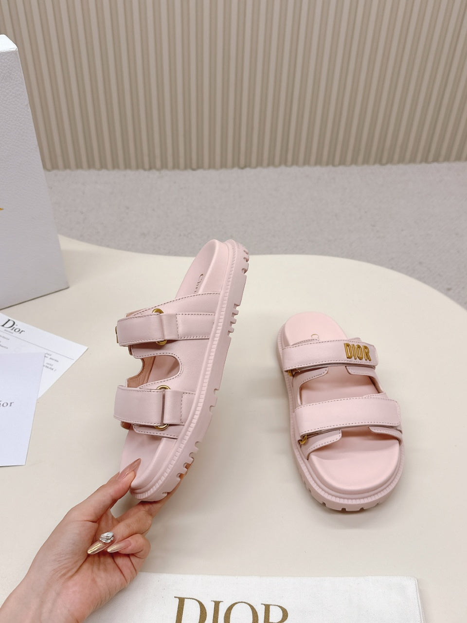 DIOR CLASSIC DOUBLE-STRAP SLIDES 25S IN PASTEL PINK CALFSKIN WITH GOLD HARDWARE - 35