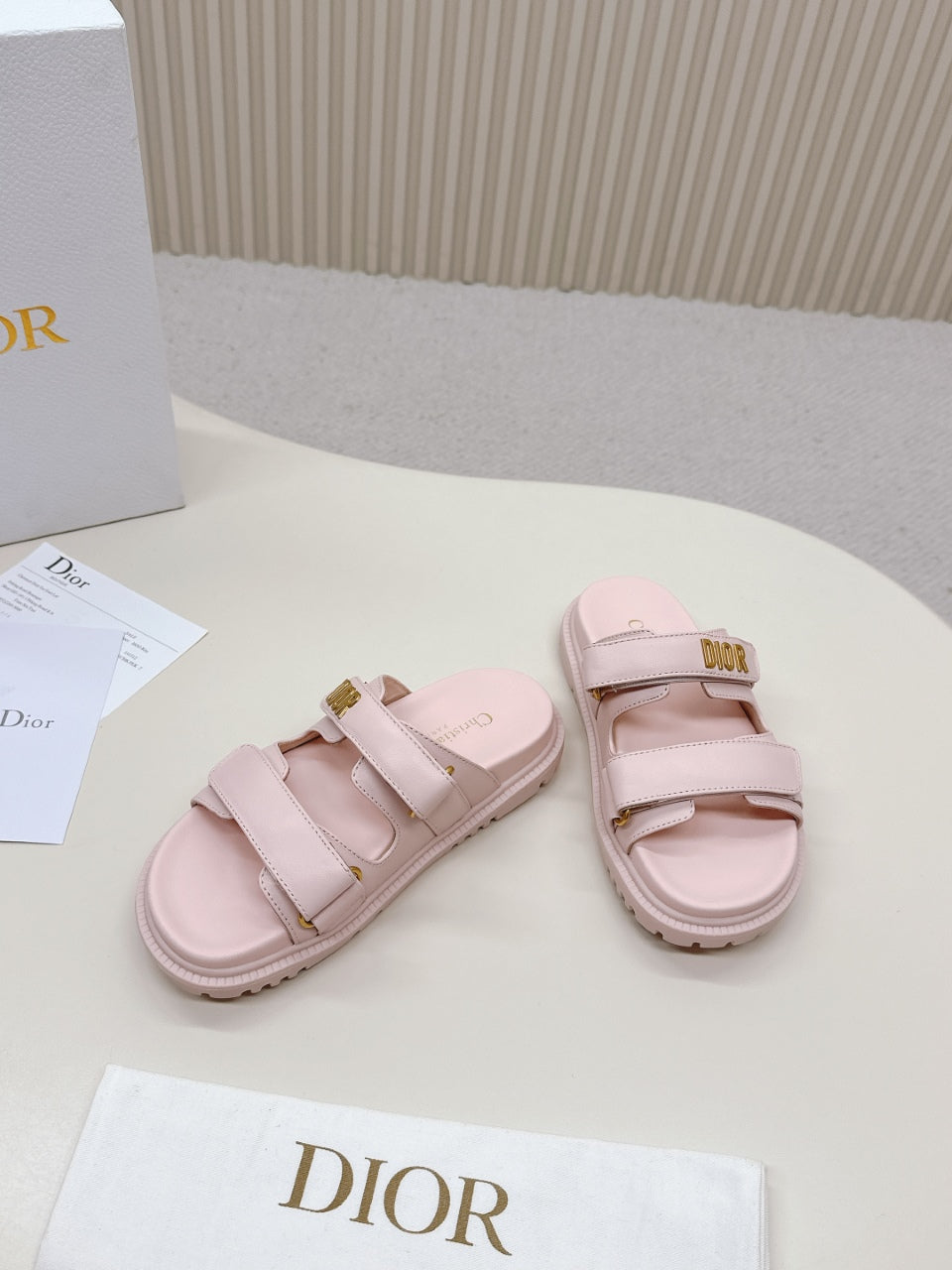 DIOR CLASSIC DOUBLE-STRAP SLIDES 25S IN PASTEL PINK CALFSKIN WITH GOLD HARDWARE - 35