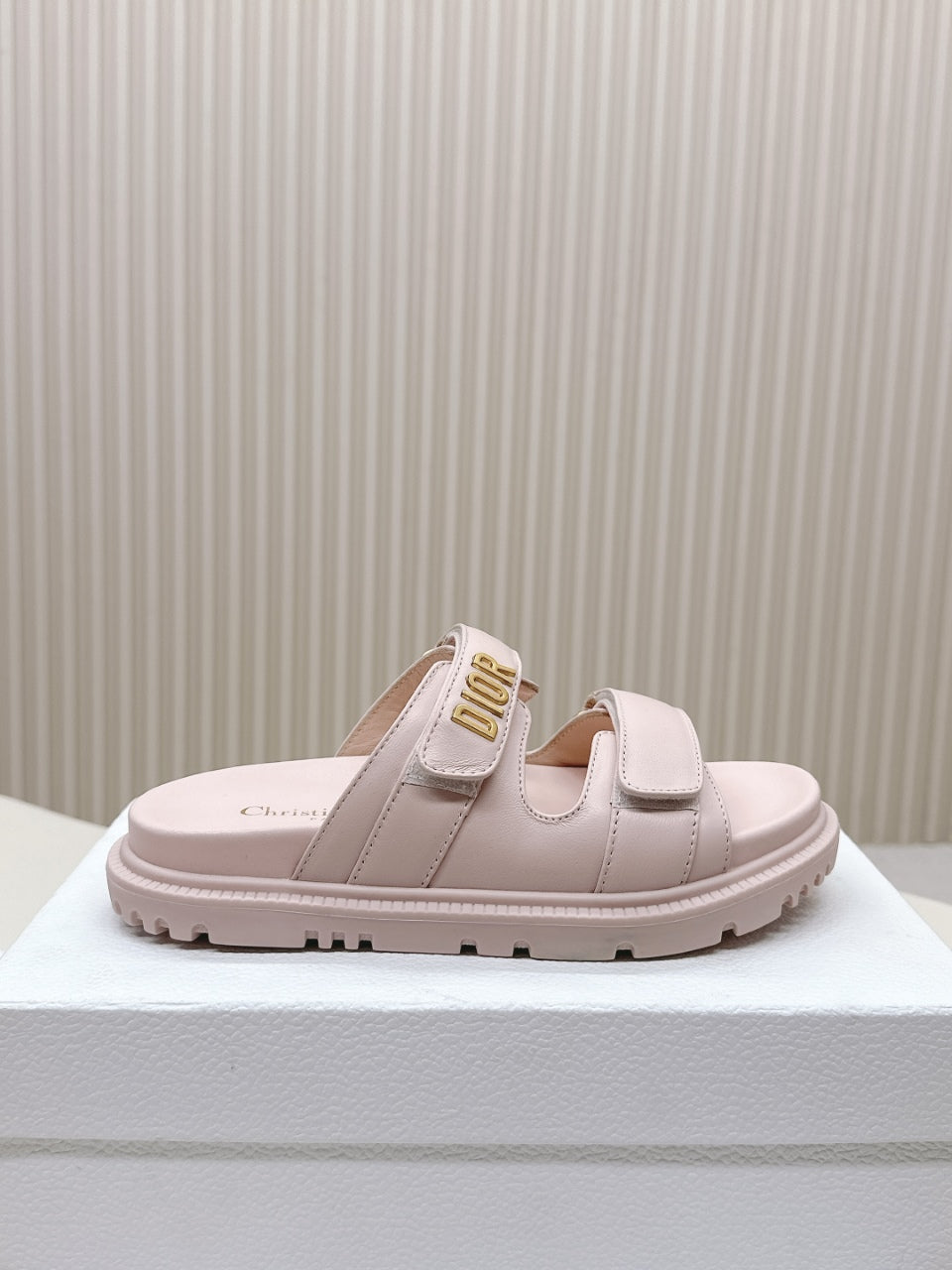 DIOR CLASSIC DOUBLE-STRAP SLIDES 25S IN PASTEL PINK CALFSKIN WITH GOLD HARDWARE - 35