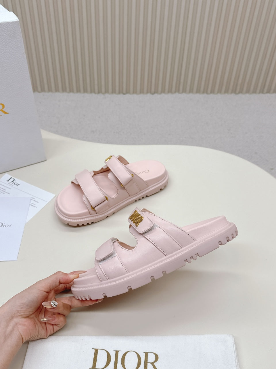 DIOR CLASSIC DOUBLE-STRAP SLIDES 25S IN PASTEL PINK CALFSKIN WITH GOLD HARDWARE - 35