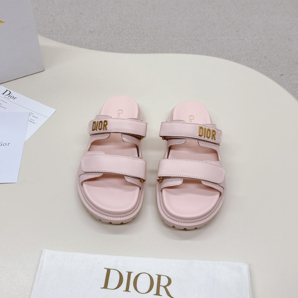 DIOR CLASSIC DOUBLE-STRAP SLIDES 25S IN PASTEL PINK CALFSKIN WITH GOLD HARDWARE - 35