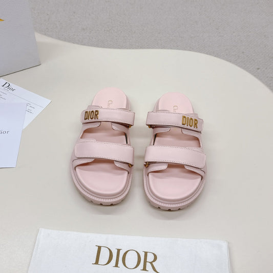 DIOR CLASSIC DOUBLE-STRAP SLIDES 25S IN PASTEL PINK CALFSKIN WITH GOLD HARDWARE - 35