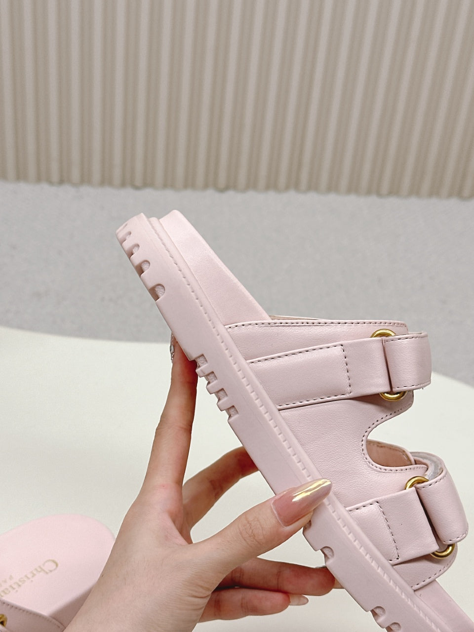 DIOR CLASSIC DOUBLE-STRAP SLIDES 25S IN PASTEL PINK CALFSKIN WITH GOLD HARDWARE - 35