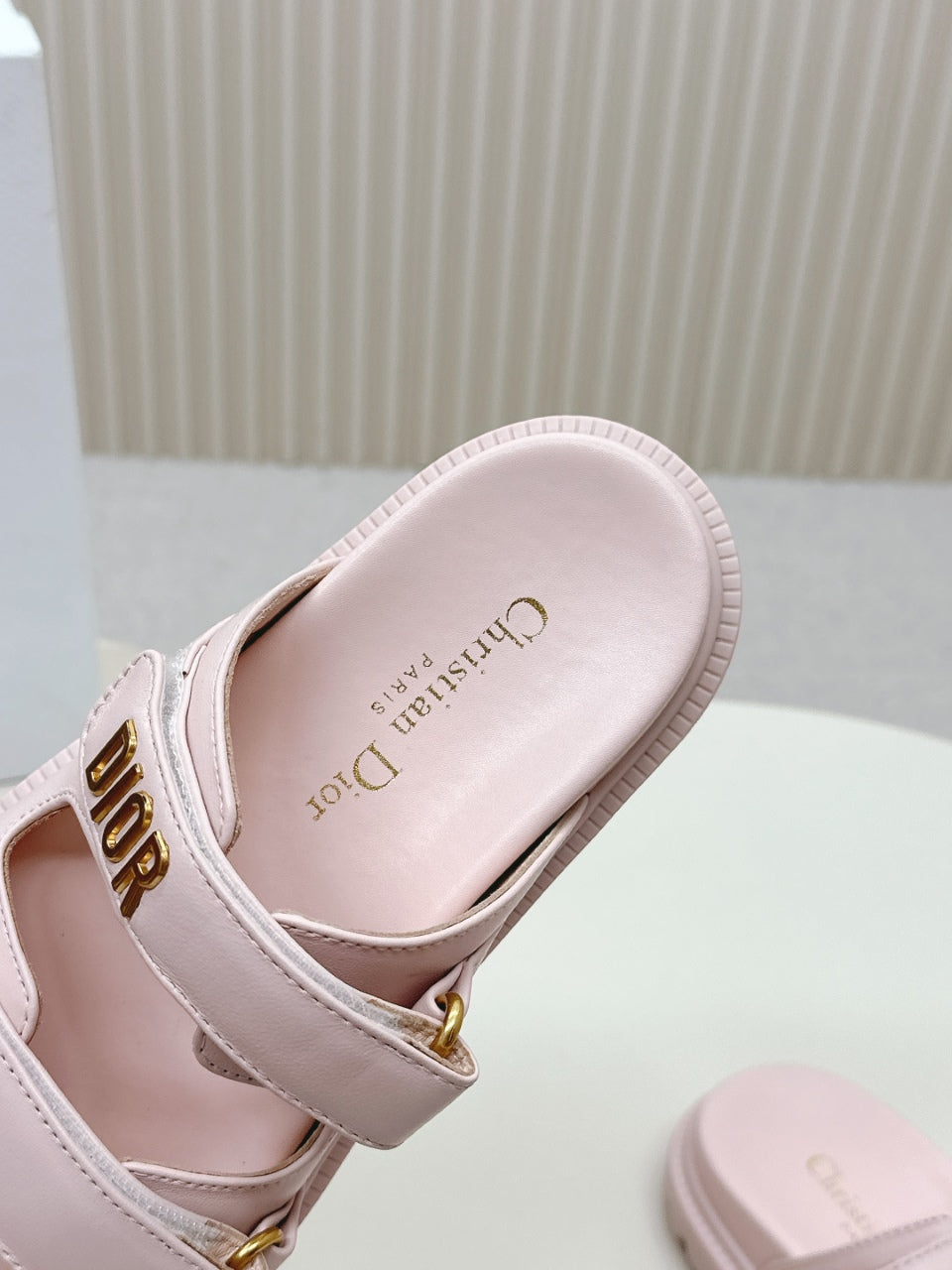 DIOR CLASSIC DOUBLE-STRAP SLIDES 25S IN PASTEL PINK CALFSKIN WITH GOLD HARDWARE - 35