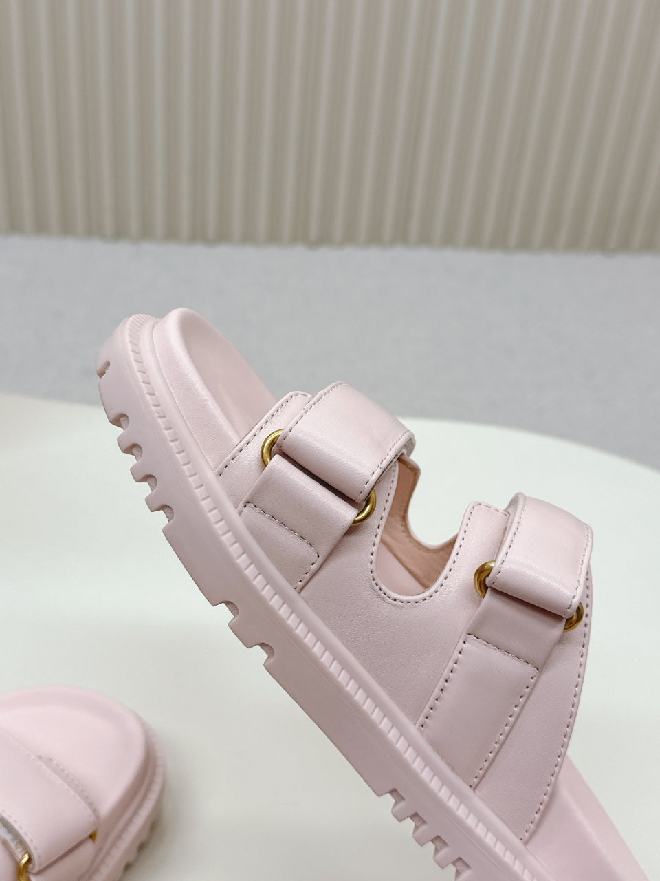 DIOR CLASSIC DOUBLE-STRAP SLIDES 25S IN PASTEL PINK CALFSKIN WITH GOLD HARDWARE - 35