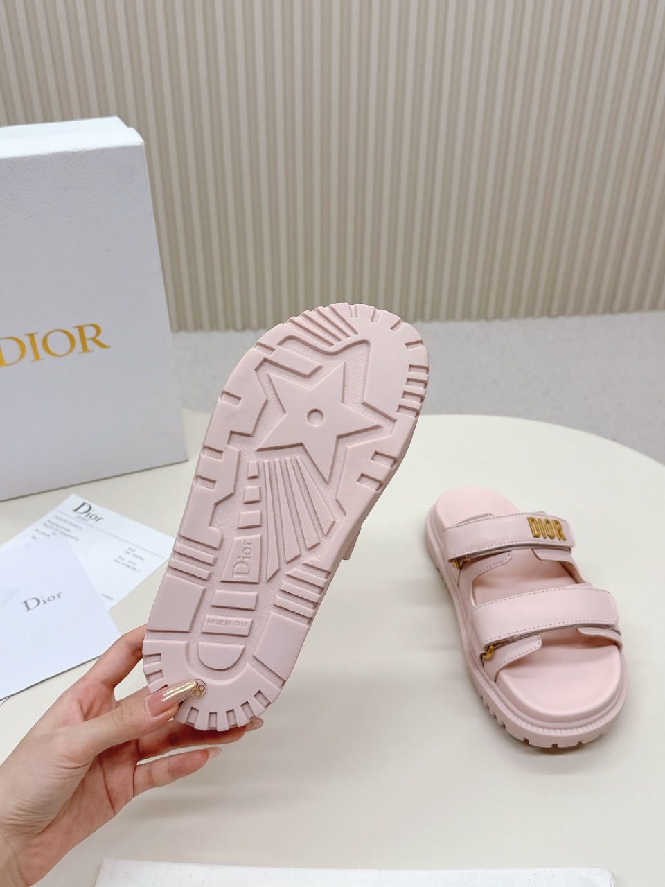 DIOR CLASSIC DOUBLE-STRAP SLIDES 25S IN PASTEL PINK CALFSKIN WITH GOLD HARDWARE - 35