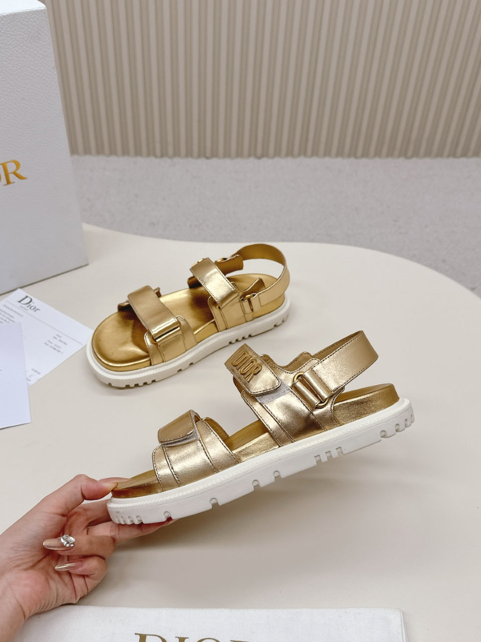 DIOR BACK-STRAP SANDALS 25S IN GOLD CALFSKIN WITH GOLD HARDWARE - 35