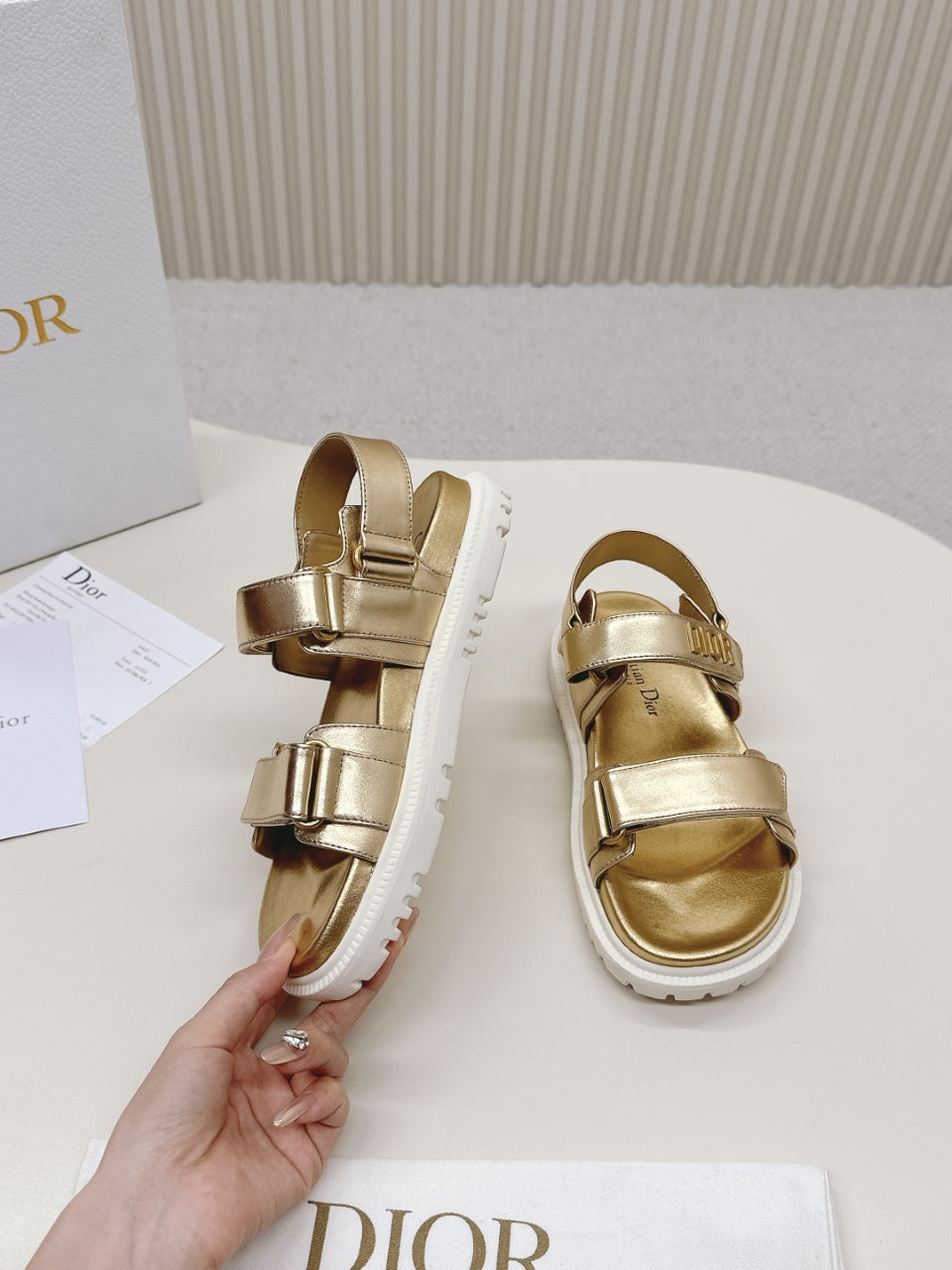 DIOR BACK-STRAP SANDALS 25S IN GOLD CALFSKIN WITH GOLD HARDWARE - 35