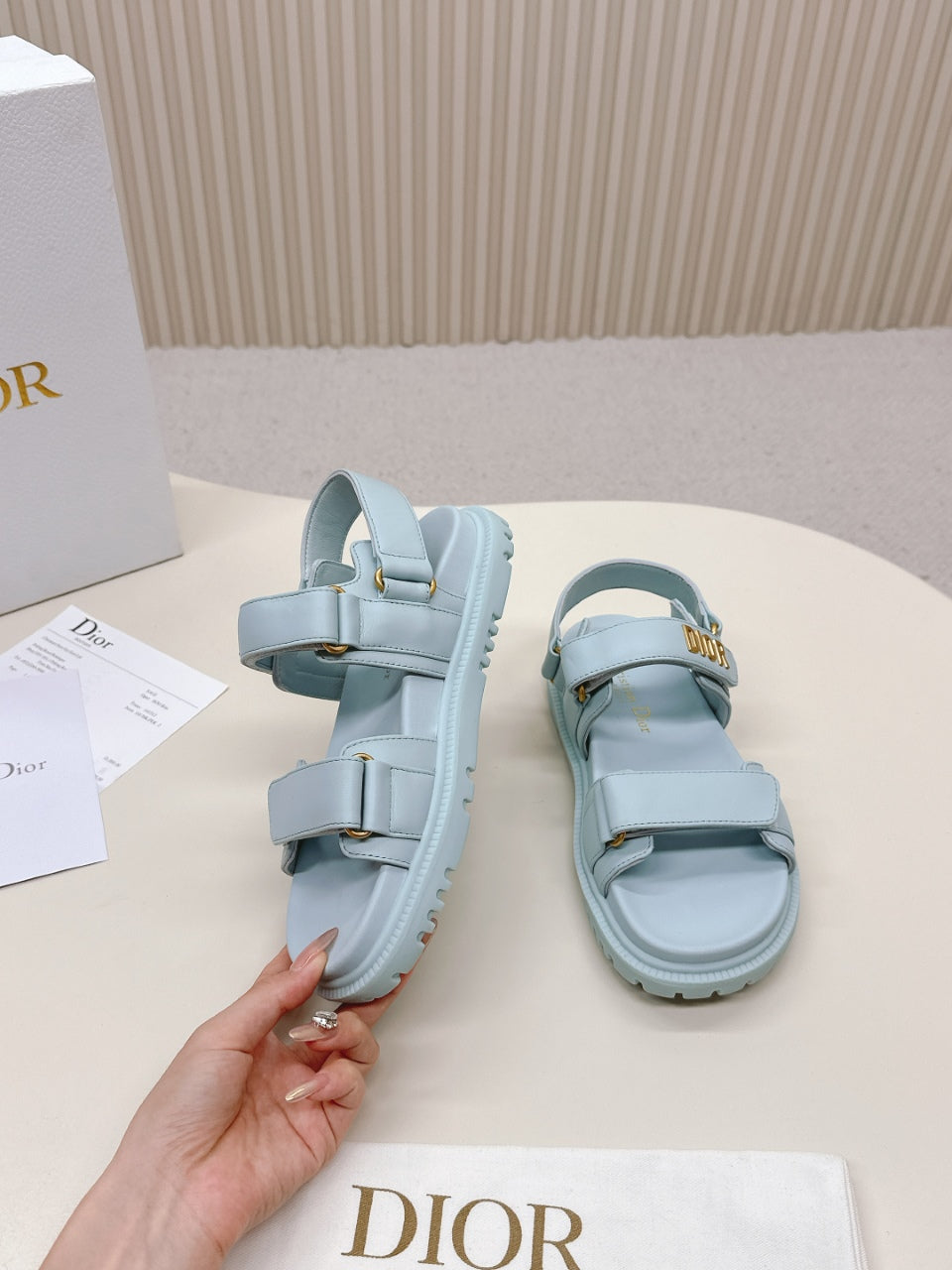 DIOR BACK-STRAP SANDALS 25S IN PASTEL BLUE CALFSKIN WITH GOLD HARDWARE - 35