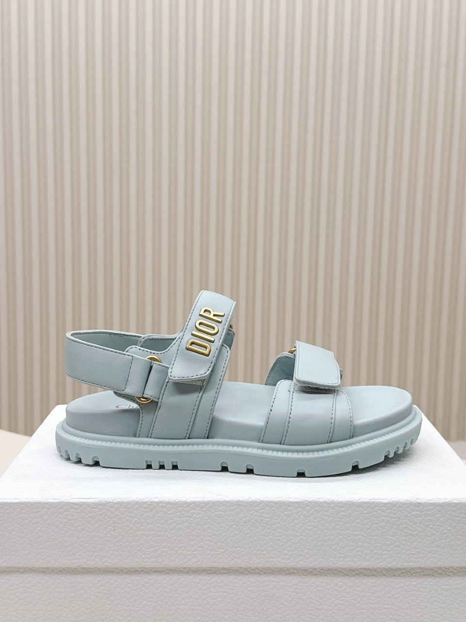 DIOR BACK-STRAP SANDALS 25S IN PASTEL BLUE CALFSKIN WITH GOLD HARDWARE - 35