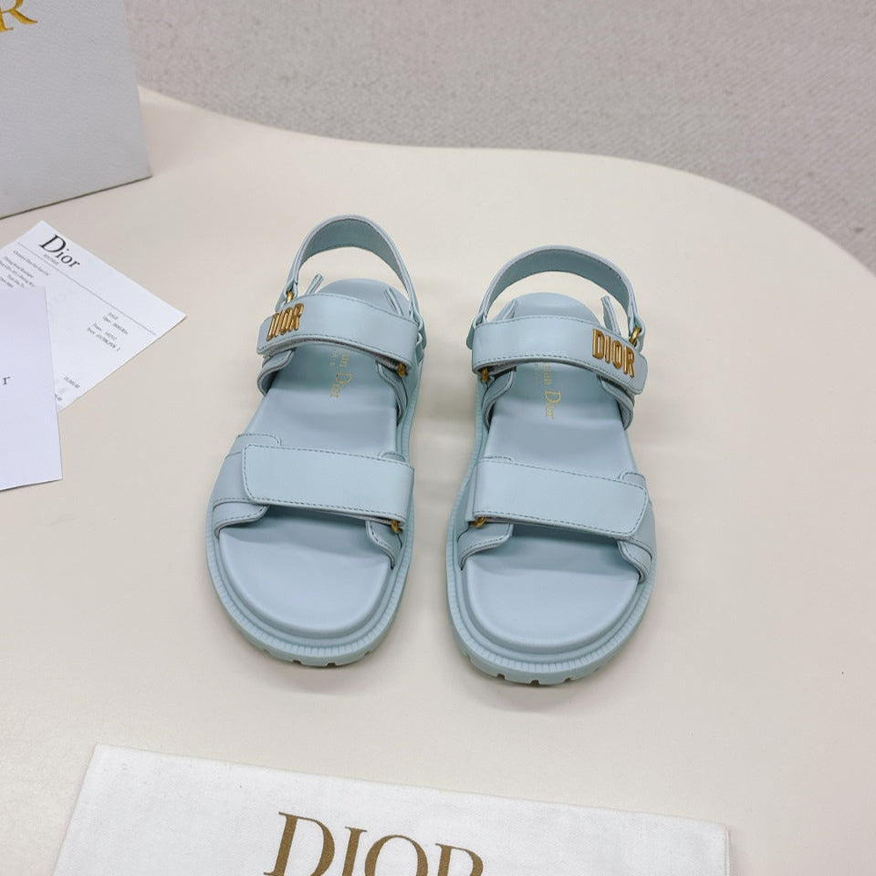 DIOR BACK-STRAP SANDALS 25S IN PASTEL BLUE CALFSKIN WITH GOLD HARDWARE - 35