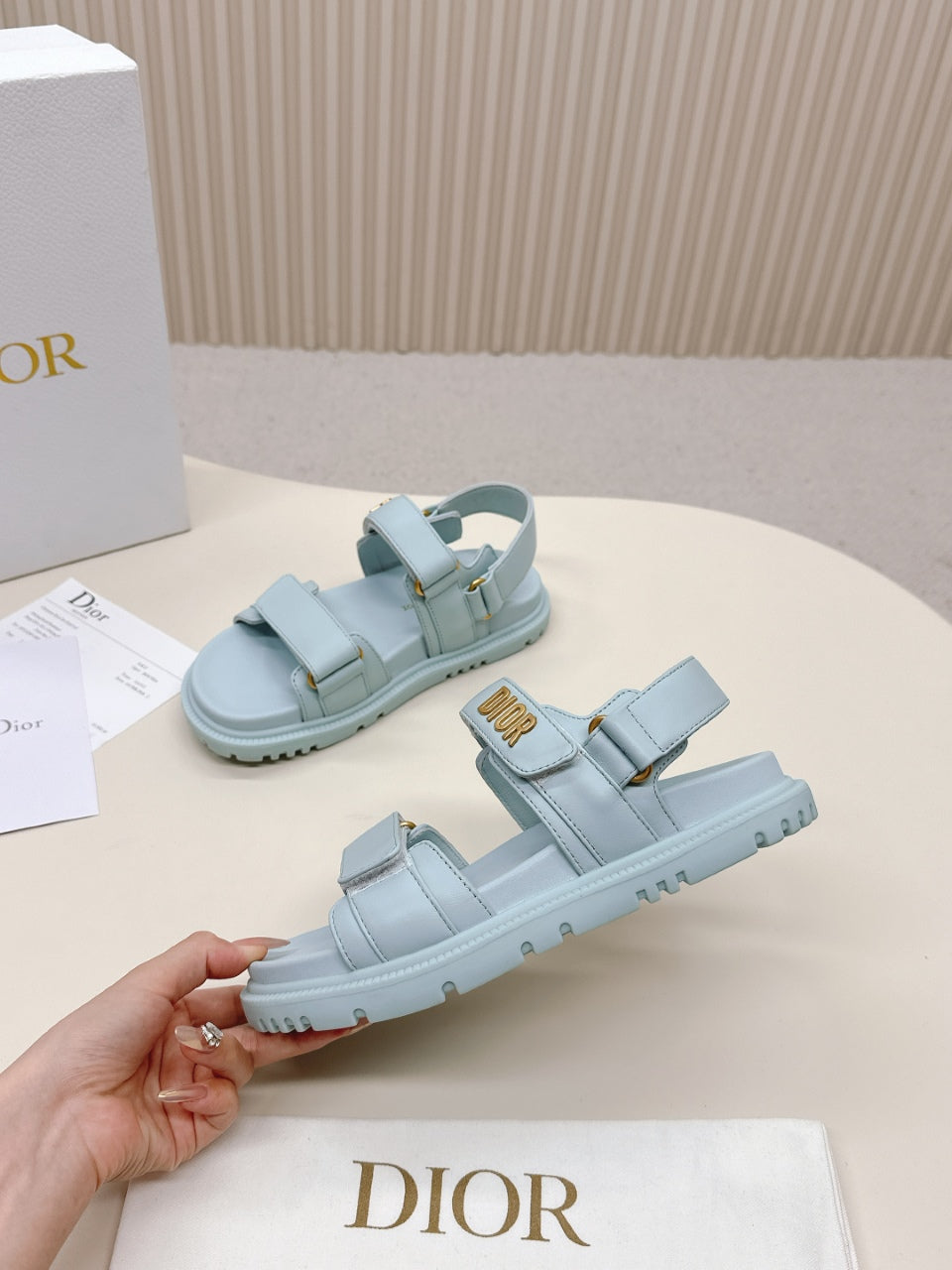 DIOR BACK-STRAP SANDALS 25S IN PASTEL BLUE CALFSKIN WITH GOLD HARDWARE - 35