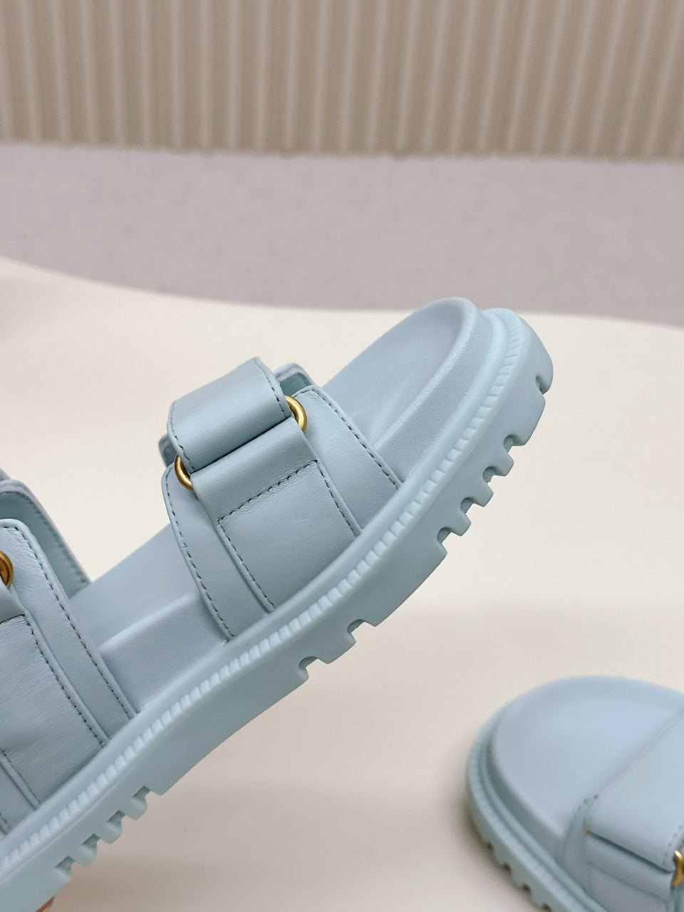 DIOR BACK-STRAP SANDALS 25S IN PASTEL BLUE CALFSKIN WITH GOLD HARDWARE - 35