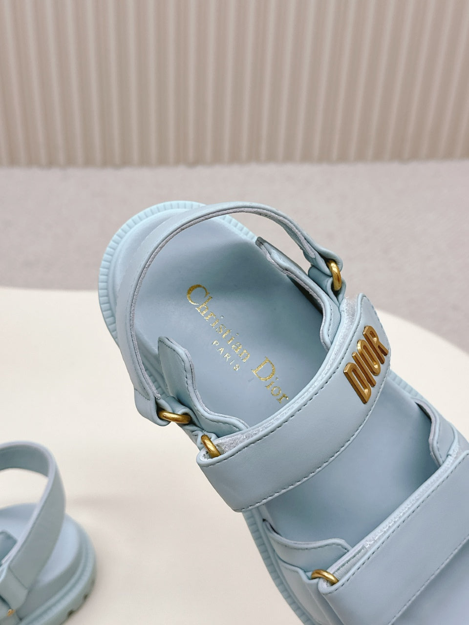 DIOR BACK-STRAP SANDALS 25S IN PASTEL BLUE CALFSKIN WITH GOLD HARDWARE - 35