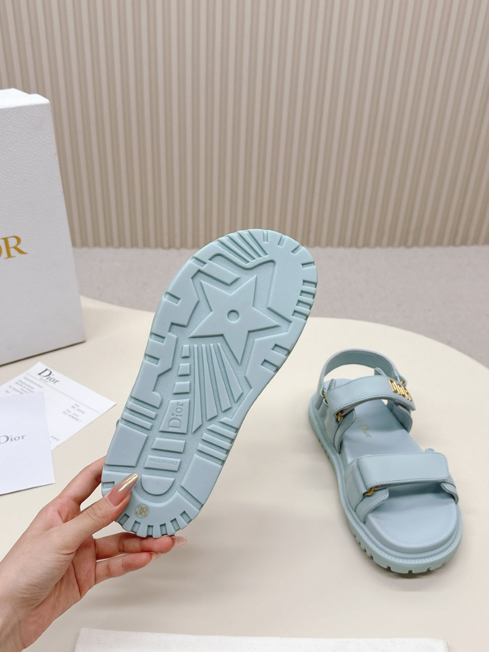 DIOR BACK-STRAP SANDALS 25S IN PASTEL BLUE CALFSKIN WITH GOLD HARDWARE - 35