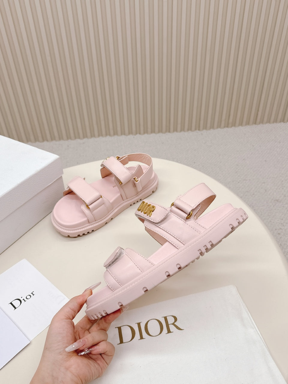 DIOR BACK-STRAP SANDALS 25S IN PASTEL PINK CALFSKIN WITH GOLD HARDWARE - 35