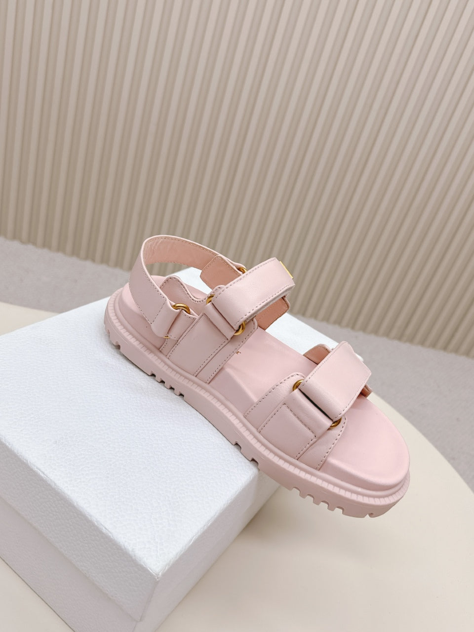 DIOR BACK-STRAP SANDALS 25S IN PASTEL PINK CALFSKIN WITH GOLD HARDWARE - 35