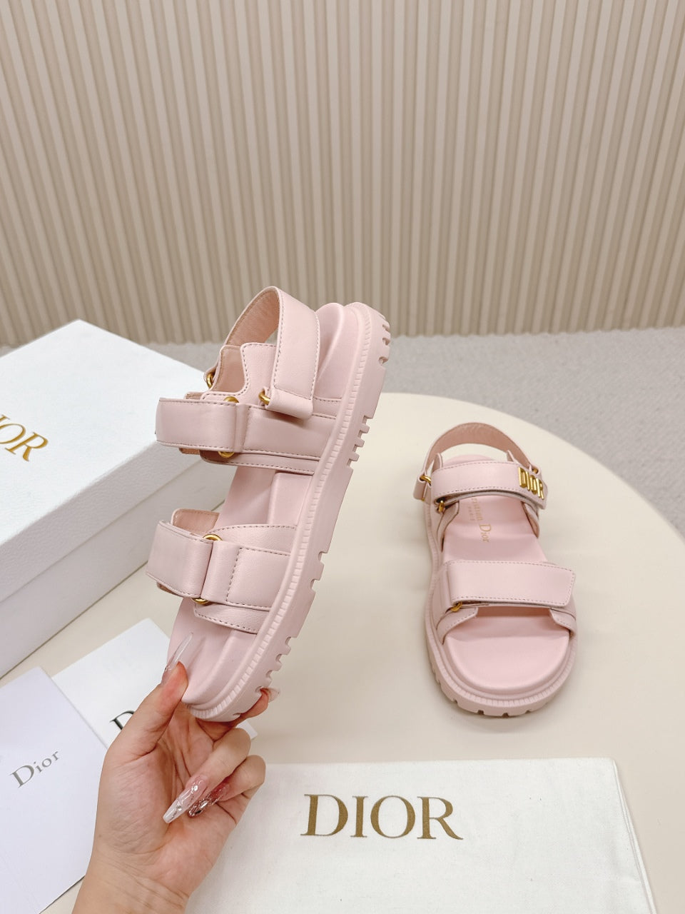 DIOR BACK-STRAP SANDALS 25S IN PASTEL PINK CALFSKIN WITH GOLD HARDWARE - 35