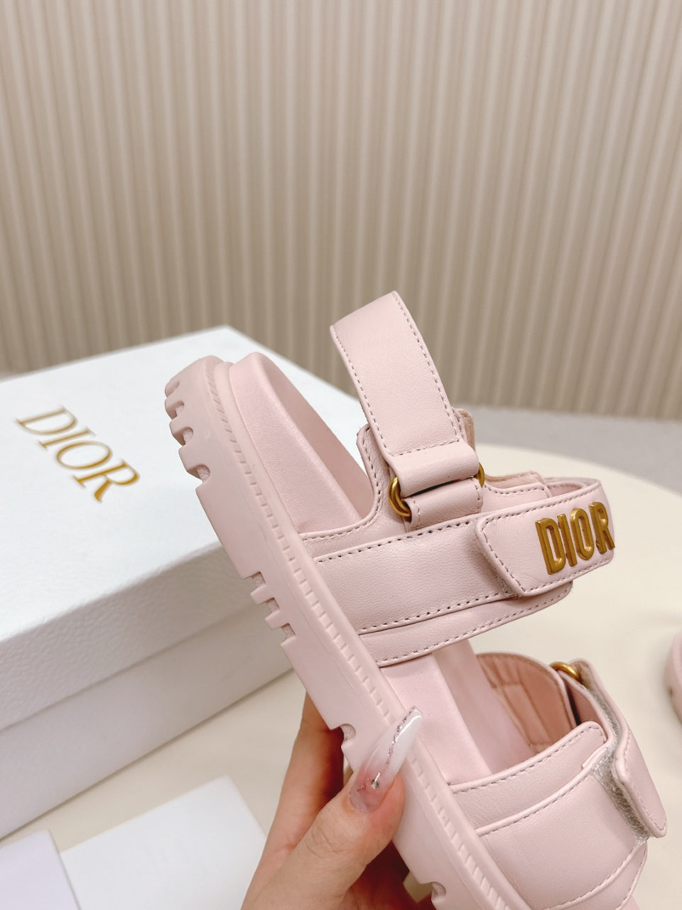 DIOR BACK-STRAP SANDALS 25S IN PASTEL PINK CALFSKIN WITH GOLD HARDWARE - 35