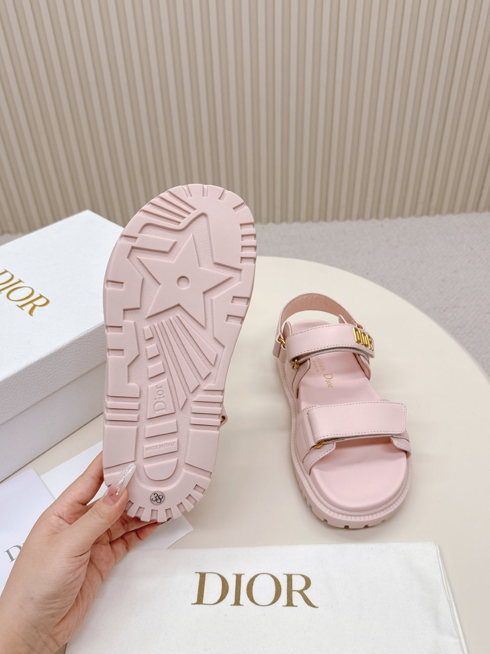 DIOR BACK-STRAP SANDALS 25S IN PASTEL PINK CALFSKIN WITH GOLD HARDWARE - 35
