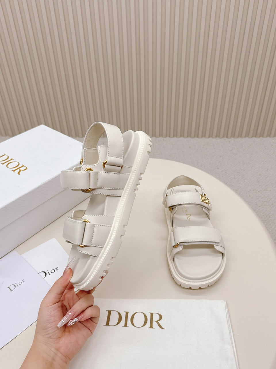 DIOR BACK-STRAP SANDALS 25S IN CREAM WHITE CALFSKIN WITH GOLD HARDWARE - 35