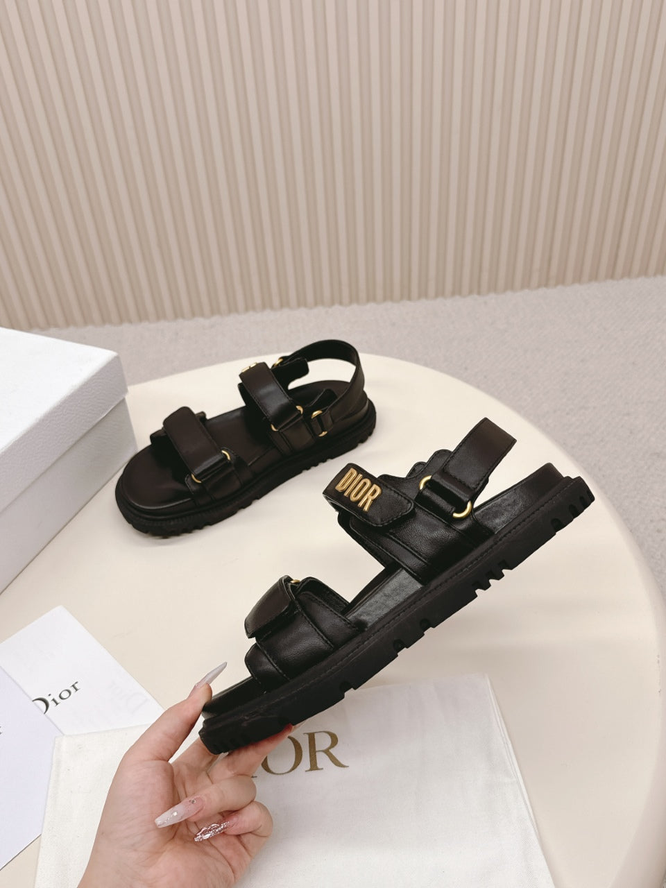 DIOR BACK-STRAP SANDALS 25S IN BLACK CALFSKIN WITH GOLD HARDWARE - 35