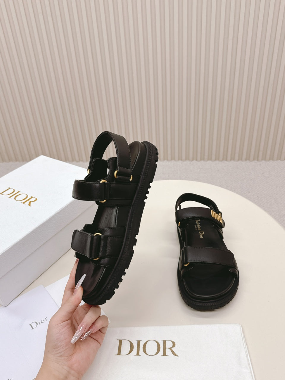 DIOR BACK-STRAP SANDALS 25S IN BLACK CALFSKIN WITH GOLD HARDWARE - 35
