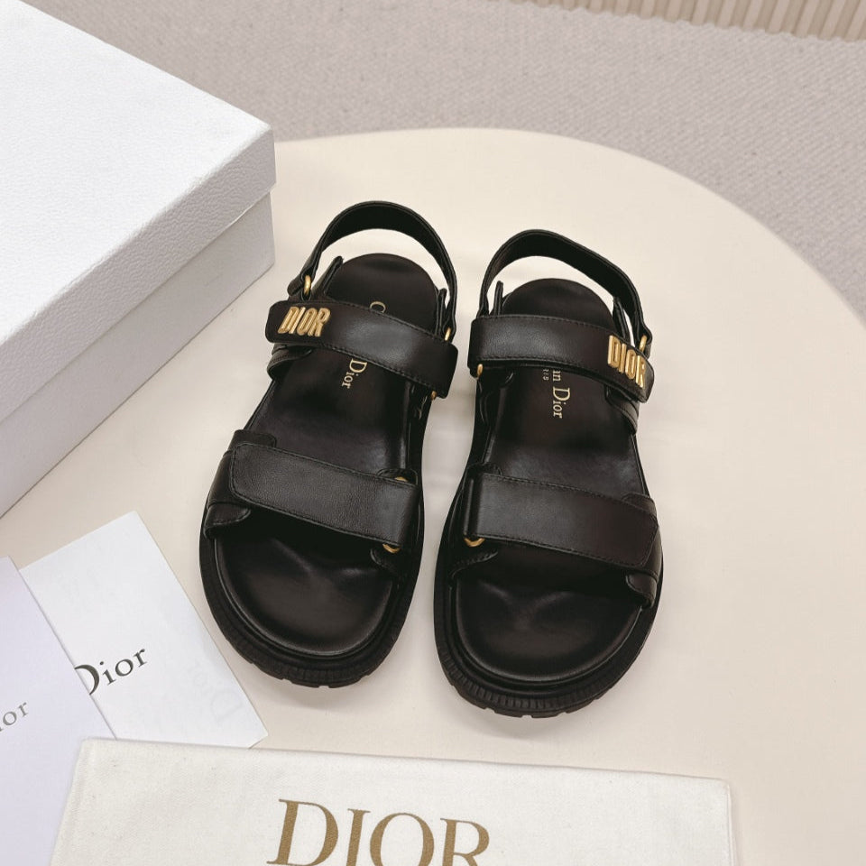 DIOR BACK-STRAP SANDALS 25S IN BLACK CALFSKIN WITH GOLD HARDWARE - 35