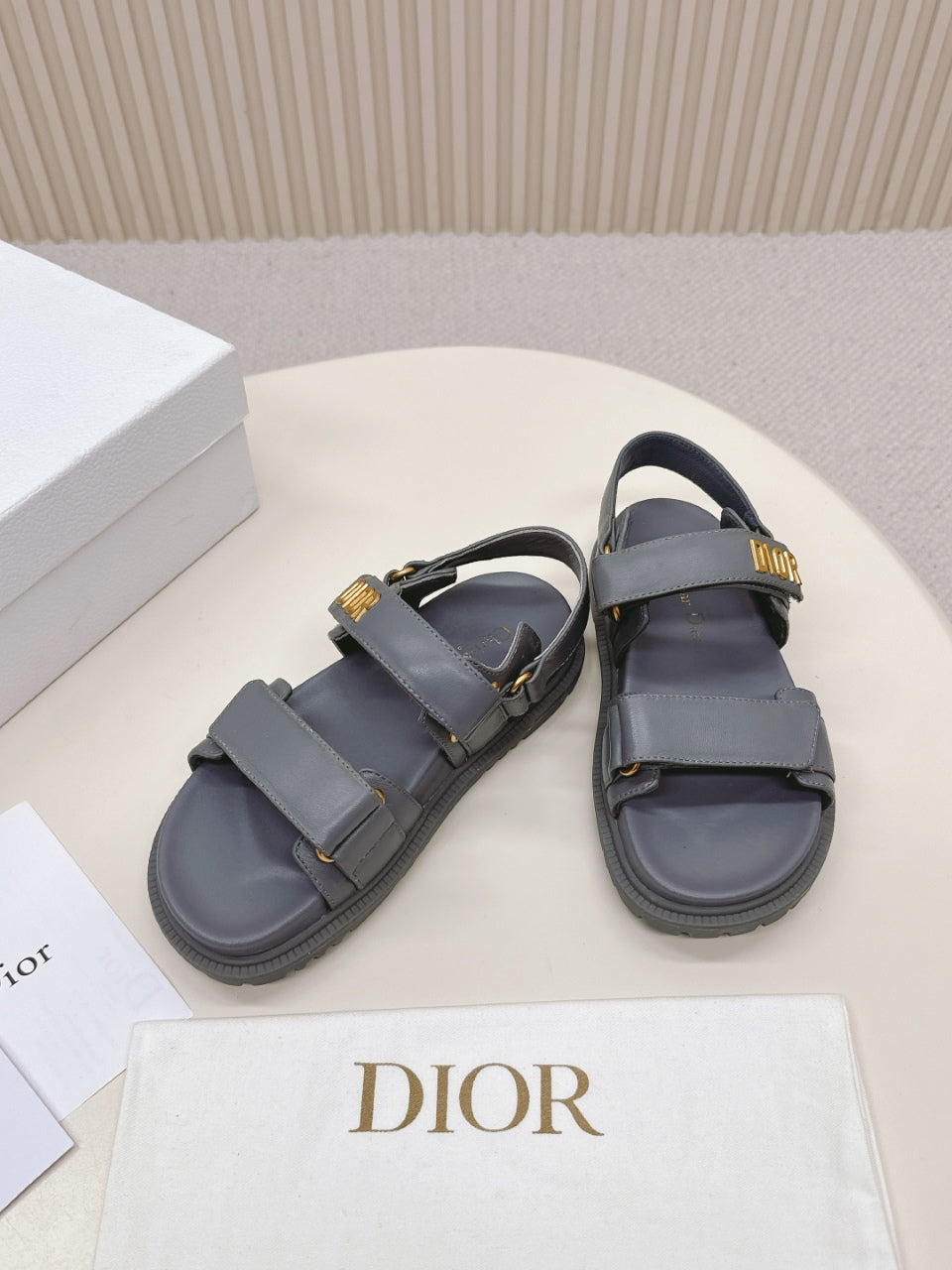DIOR BACK-STRAP SANDALS 25S IN ASH GRAY CALFSKIN WITH GOLD HARDWARE - 35