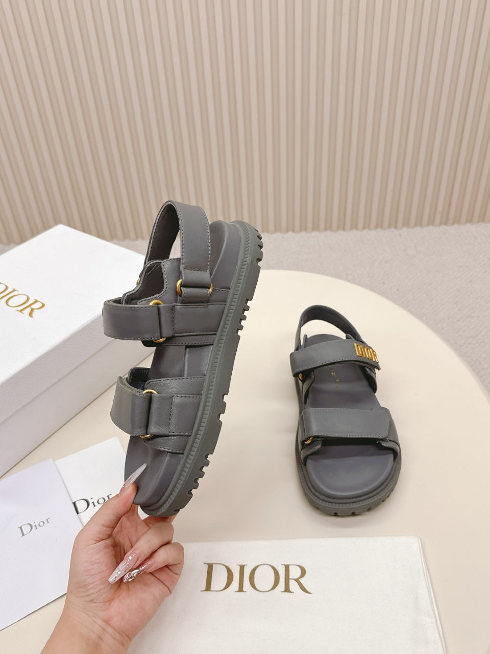 DIOR BACK-STRAP SANDALS 25S IN ASH GRAY CALFSKIN WITH GOLD HARDWARE - 35