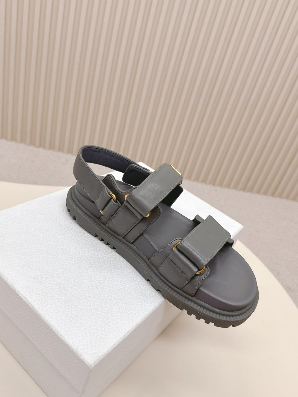DIOR BACK-STRAP SANDALS 25S IN ASH GRAY CALFSKIN WITH GOLD HARDWARE - 35