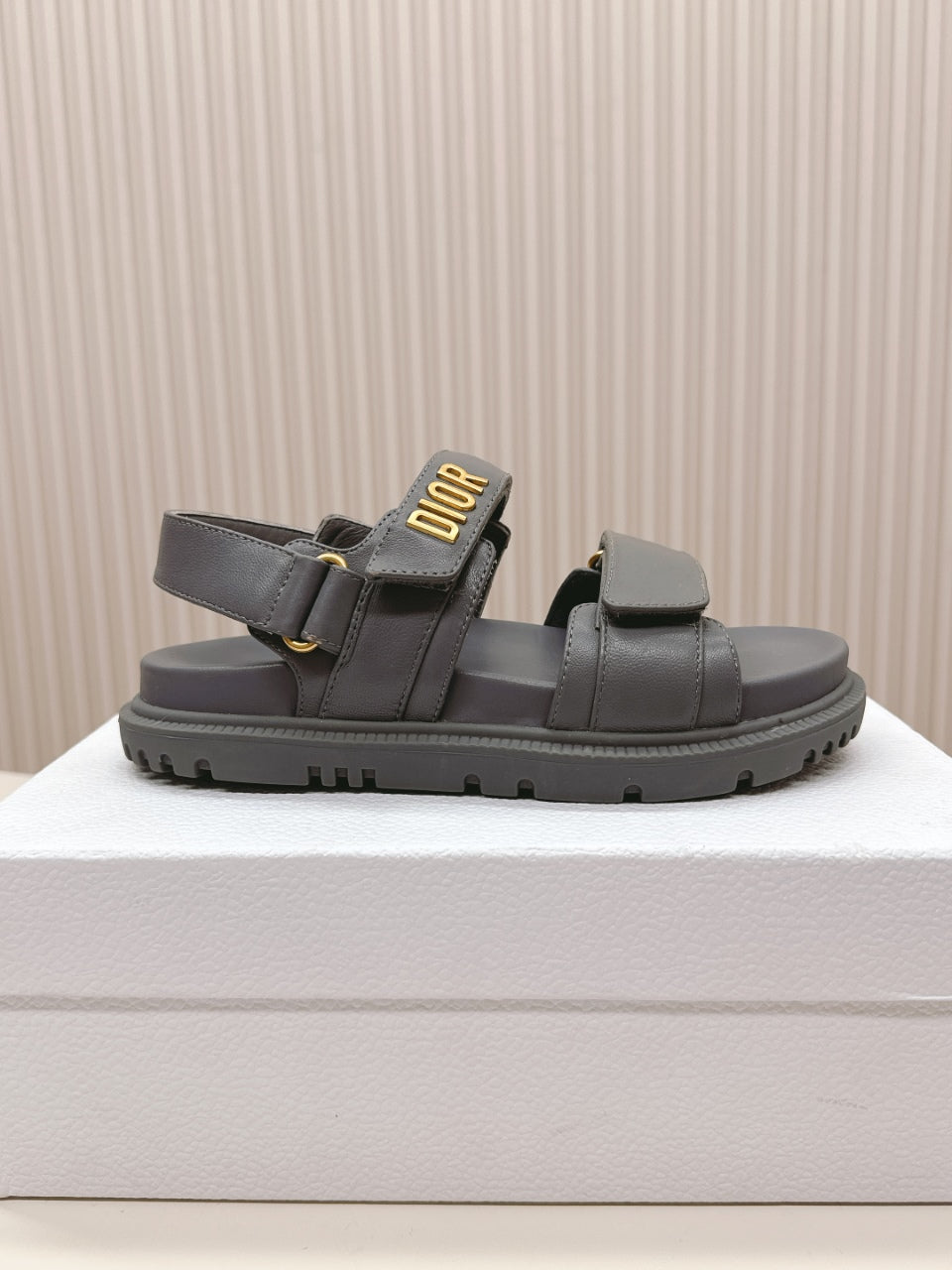 DIOR BACK-STRAP SANDALS 25S IN ASH GRAY CALFSKIN WITH GOLD HARDWARE - 35