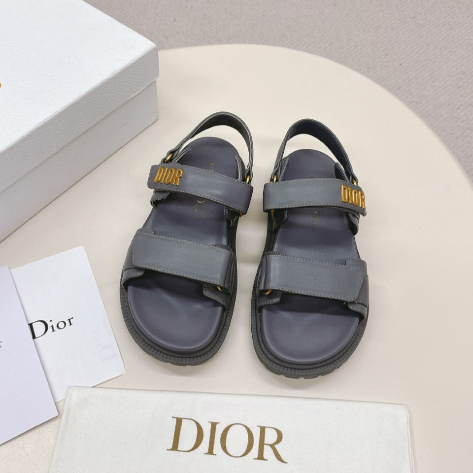 DIOR BACK-STRAP SANDALS 25S IN ASH GRAY CALFSKIN WITH GOLD HARDWARE - 35