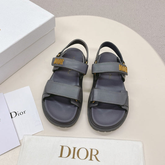 DIOR BACK-STRAP SANDALS 25S IN ASH GRAY CALFSKIN WITH GOLD HARDWARE - 35